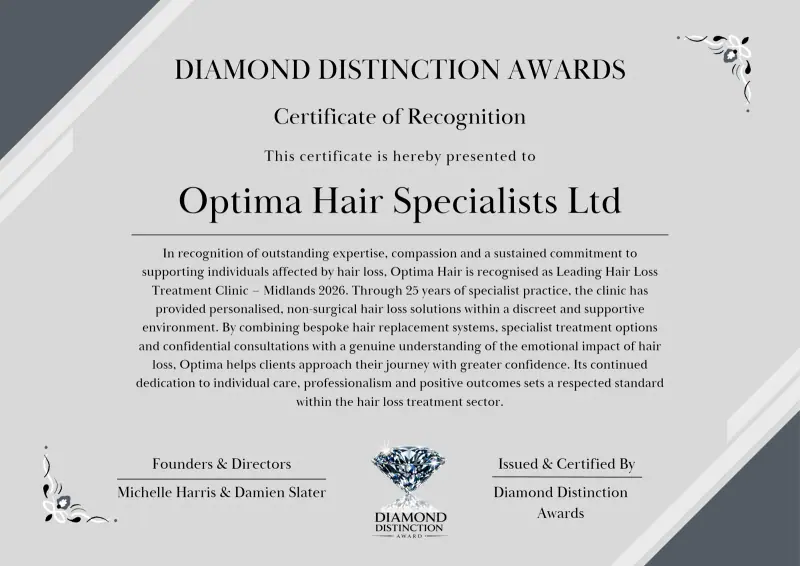 Diamond Distinction Awards Certificate of Recognition presented to Optima Hair Specialists Ltd as Leading Hair Loss Treatment Clinic, Midlands 2026