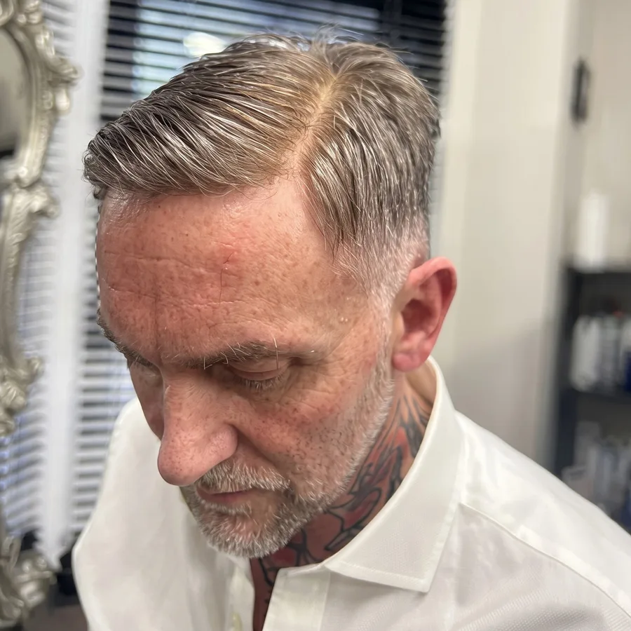 Pete with his hair system, styled in the Optima studio