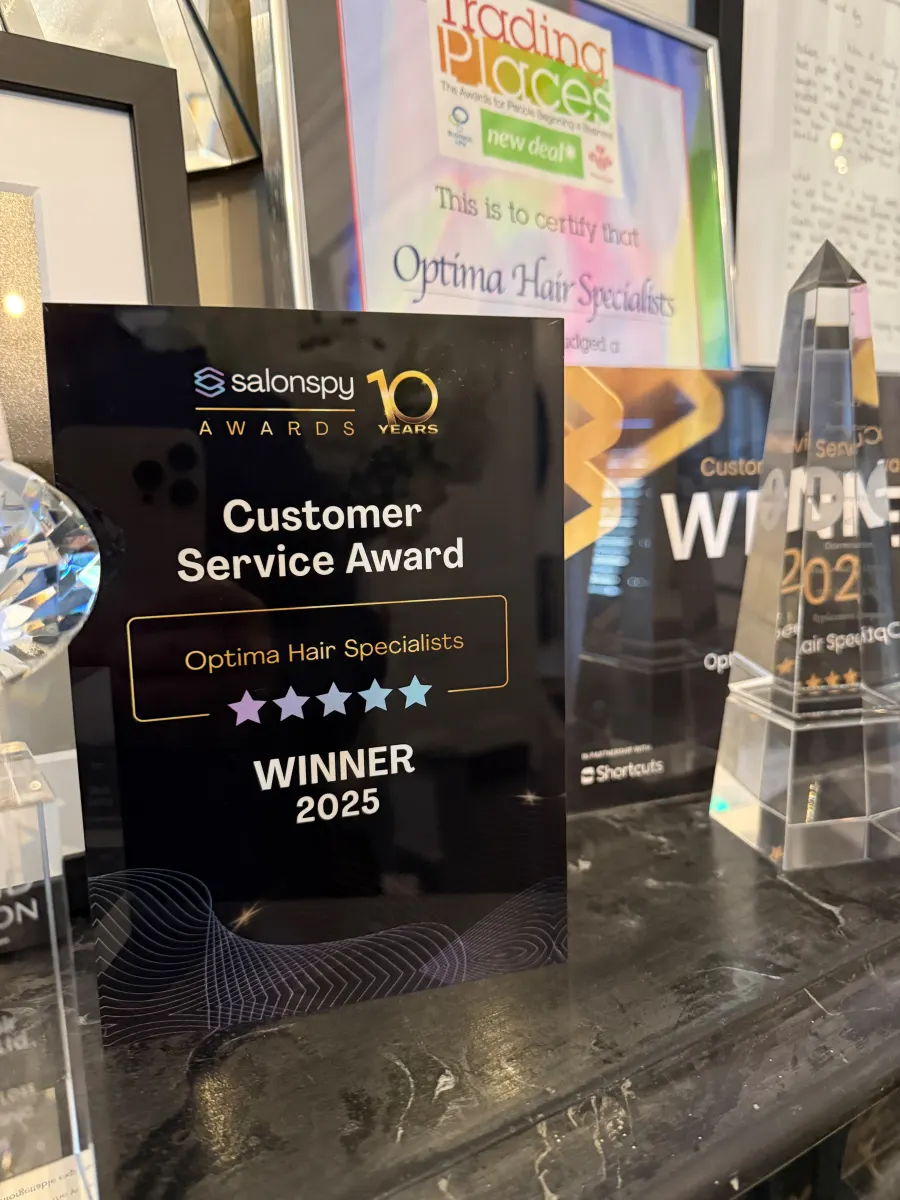 Salonspy Customer Service Award winner 2025 plaque for Optima Hair Specialists