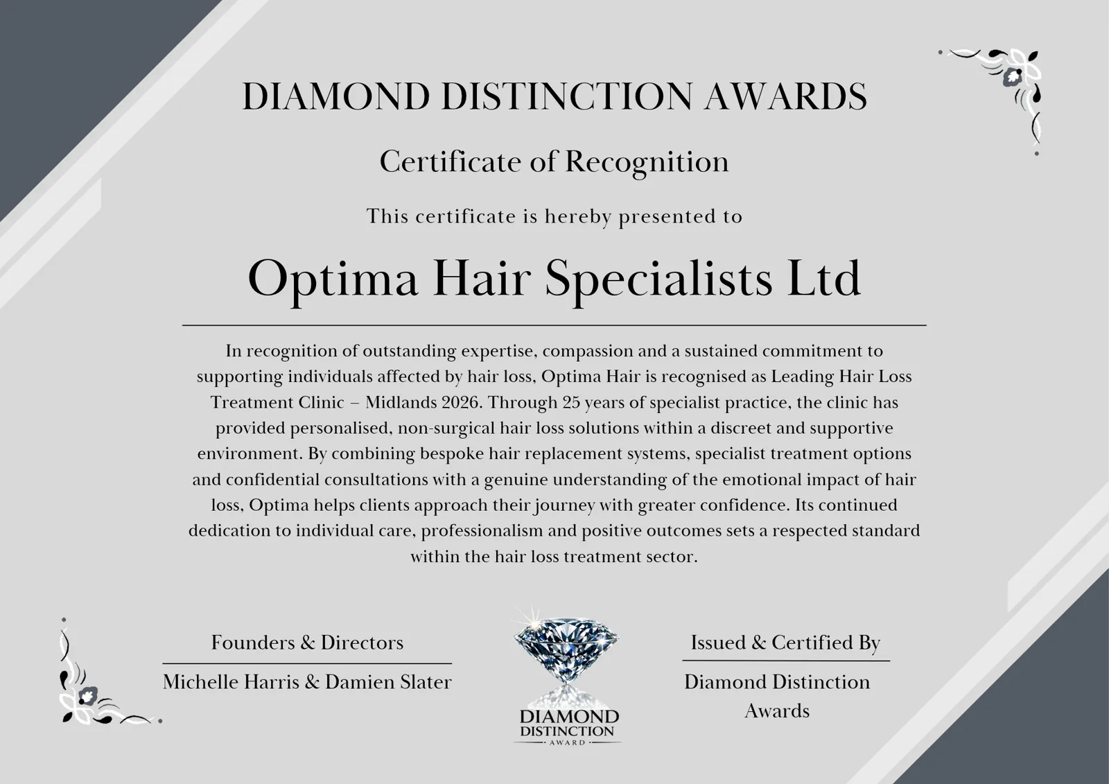 Diamond Distinction Awards Certificate of Recognition presented to Optima Hair Specialists Ltd